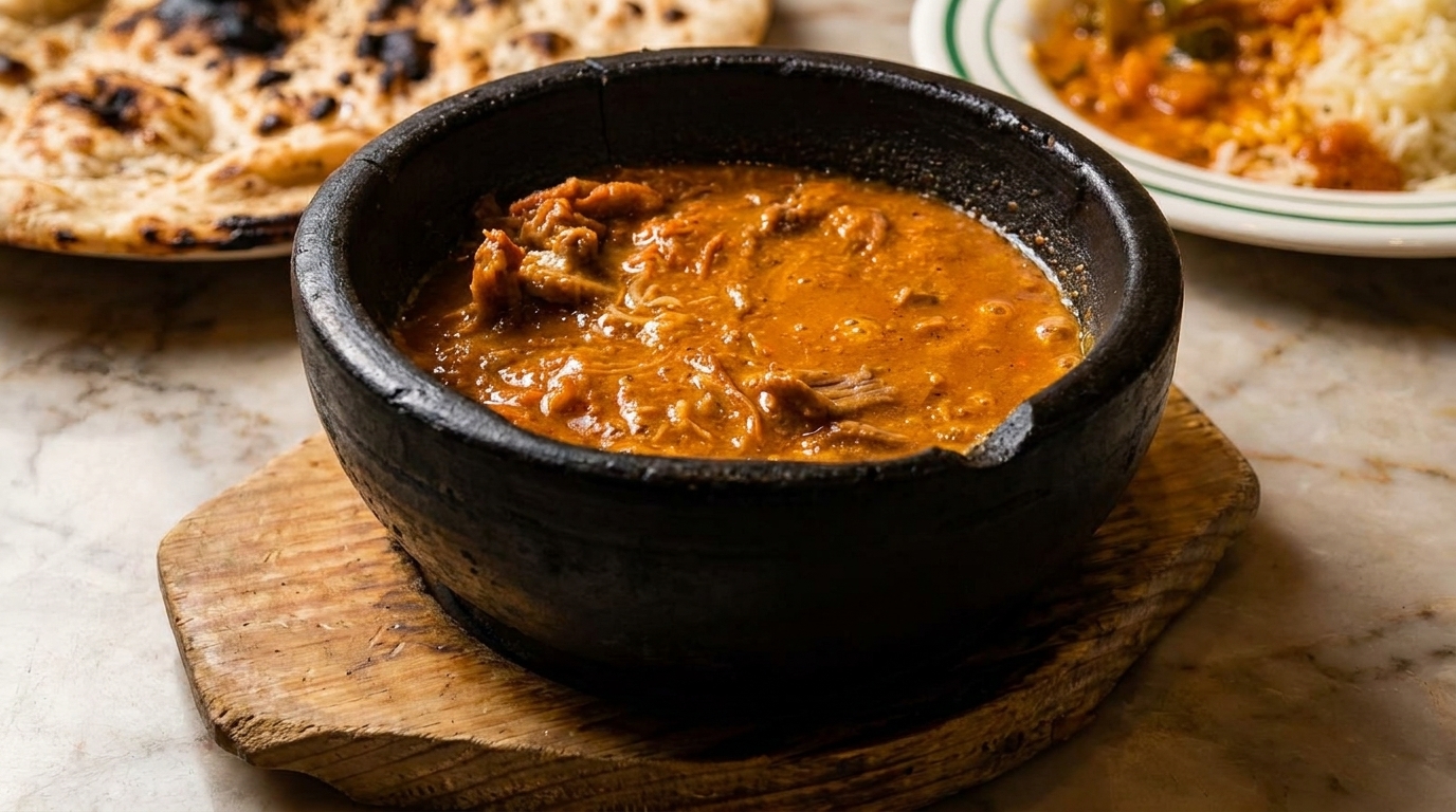 Clay bowl of rich orange stew with meat, served with naan bread and rice.