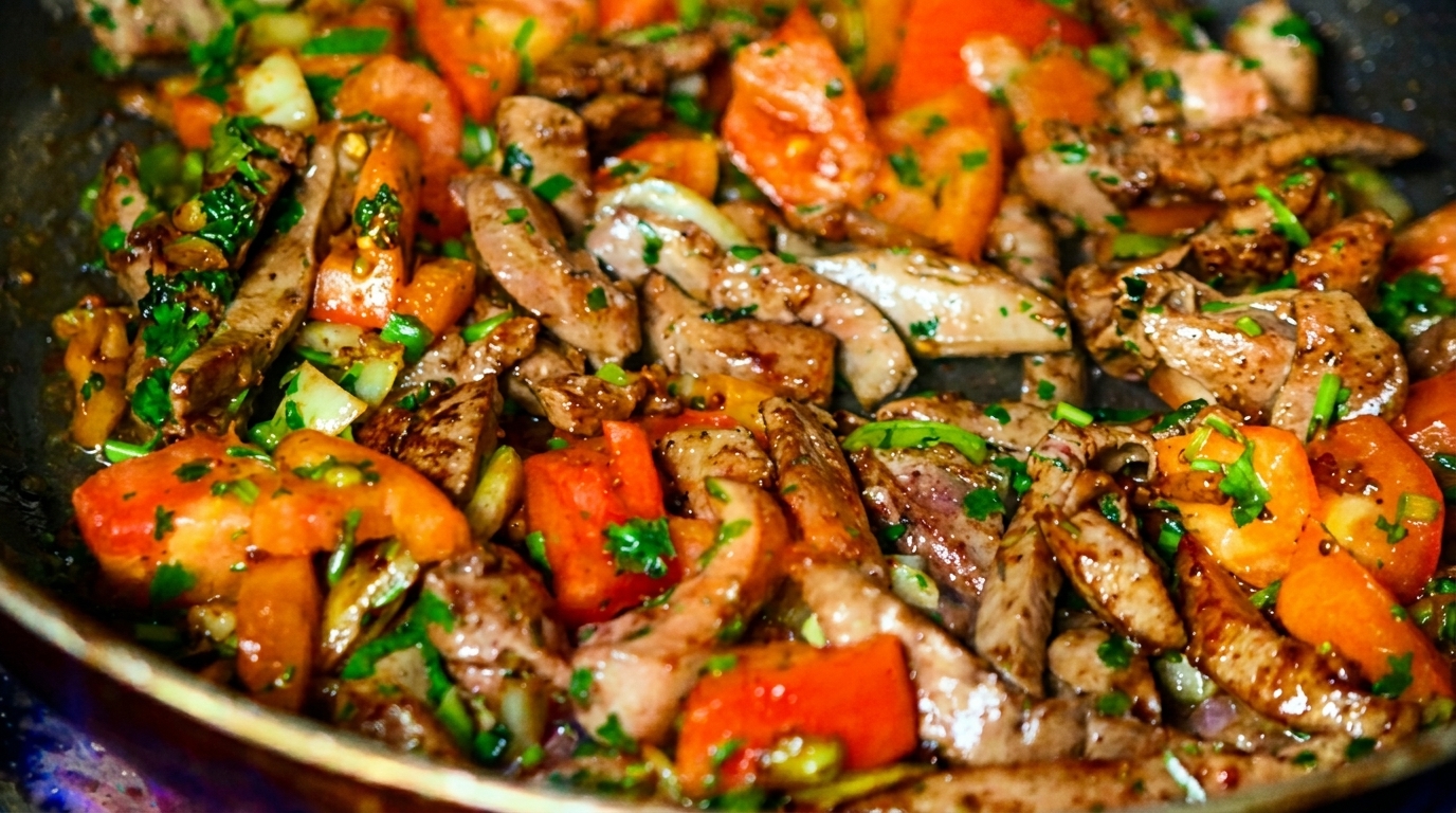 Close-up of sizzling beef stir-fry with tomatoes, onions, and fresh herbs in a pan.