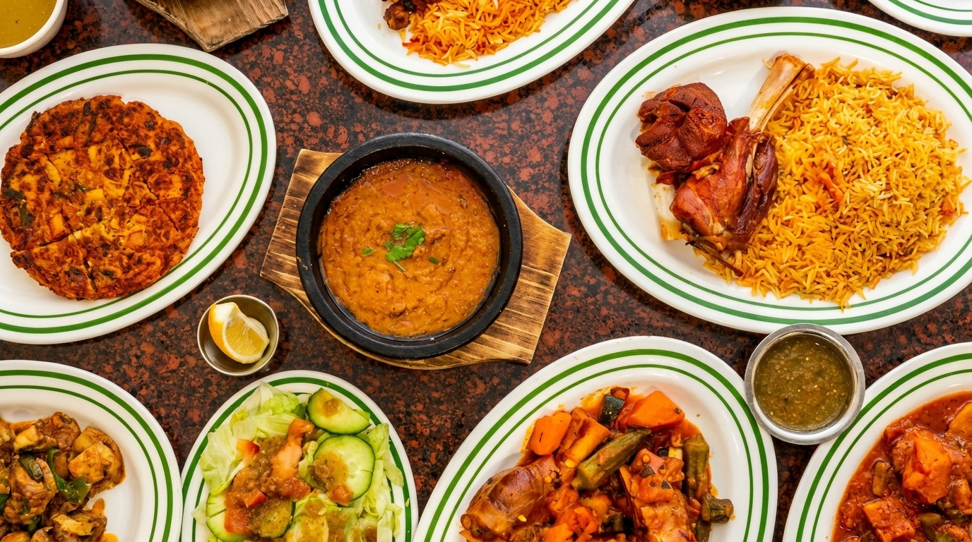 Overhead view of a table laden with various Middle Eastern dishes, including rice, meat, and stews.