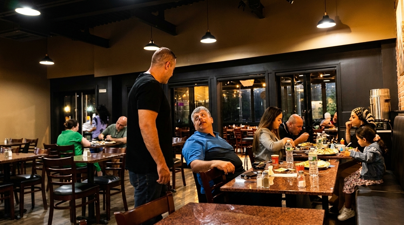Diners enjoying meals at tables in a dimly lit restaurant with dark walls and pendant lights.