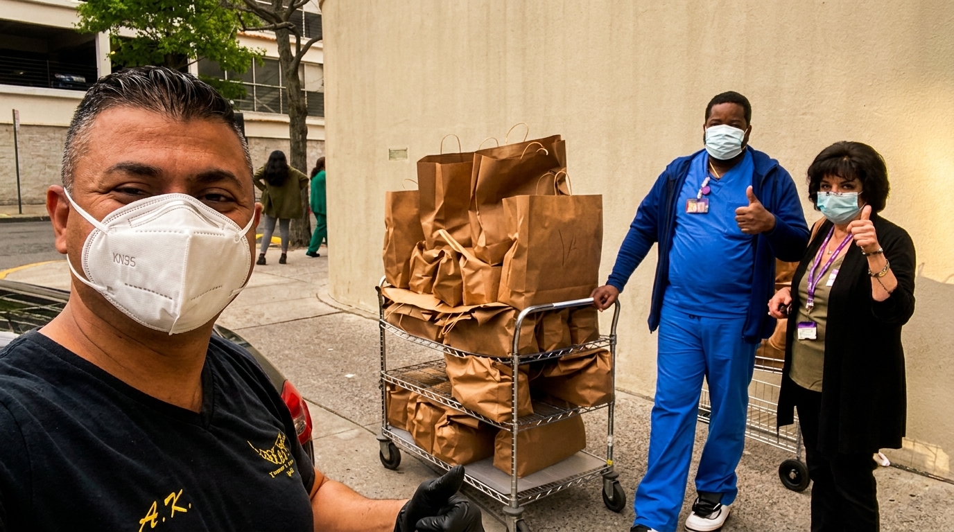 Three masked people, two giving thumbs up, stand beside a cart loaded with brown paper bags.