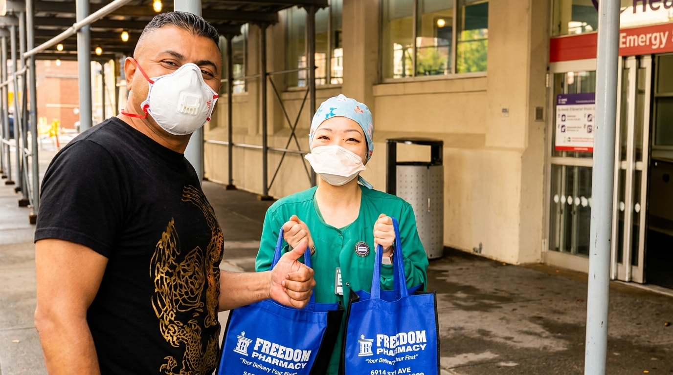 A man and a healthcare worker, both masked, holding blue "Freedom Pharmacy" bags outside a building.