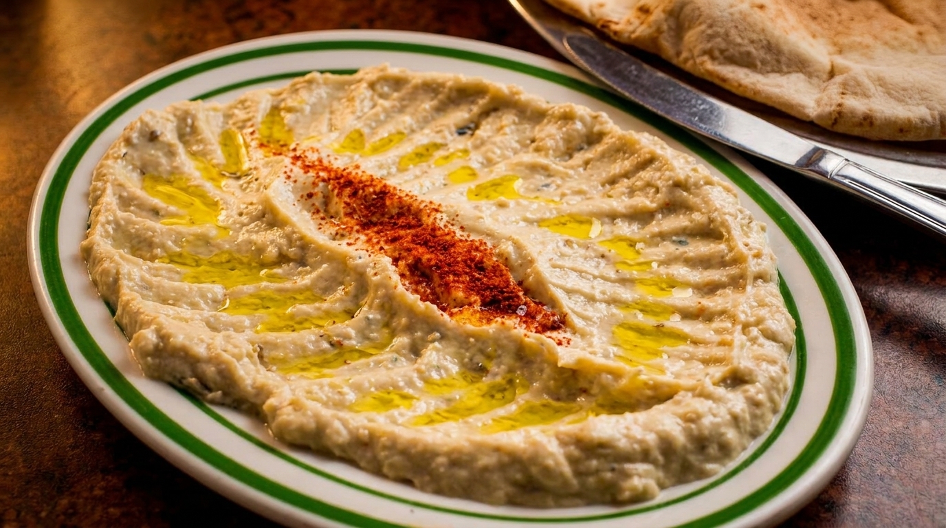 Creamy baba ghanoush drizzled with olive oil and sprinkled with paprika, served with pita bread.
