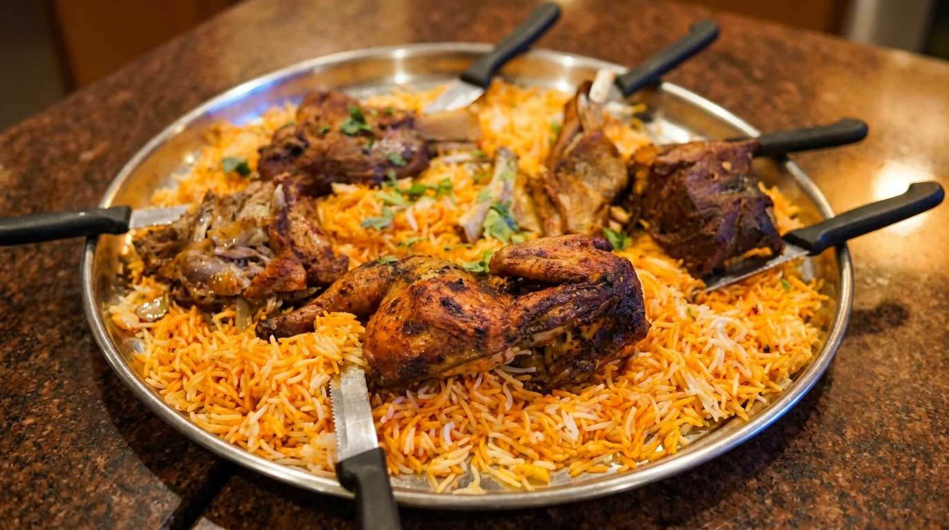 Large platter of Mandi rice topped with roasted chicken and lamb, served with spatulas.
