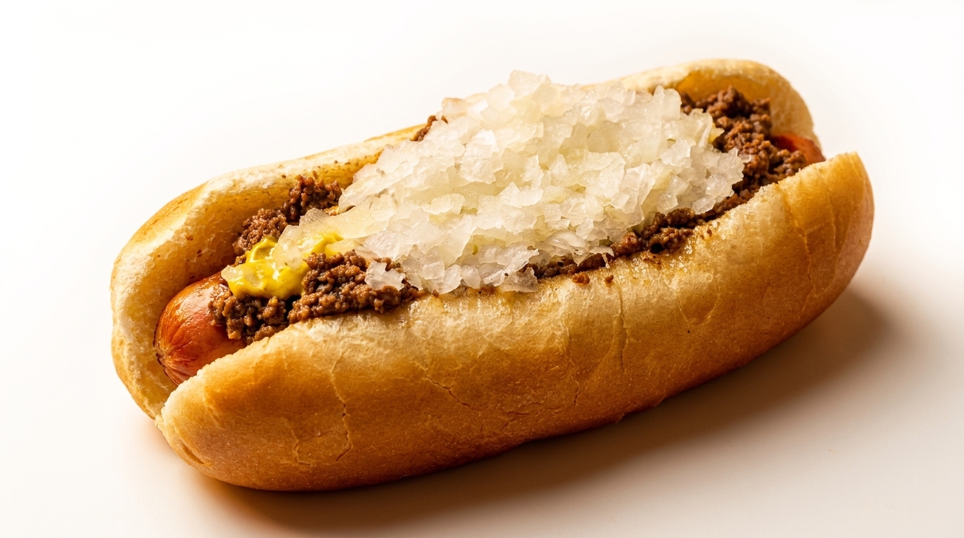 Hot dog with chili, mustard, and chopped onions in a bun on a white background.