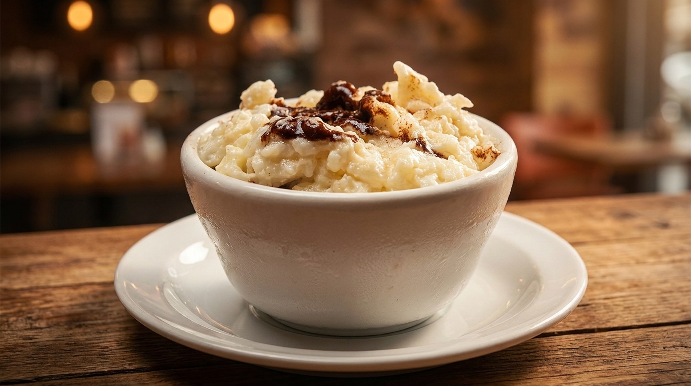 Creamy rice pudding with chocolate drizzle and cinnamon in a white bowl on a wooden table.