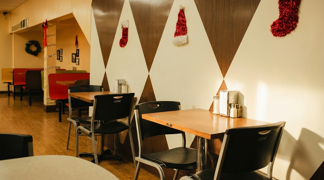 Restaurant interior with red and green booths, wooden tables, and Christmas decorations on patterned walls.