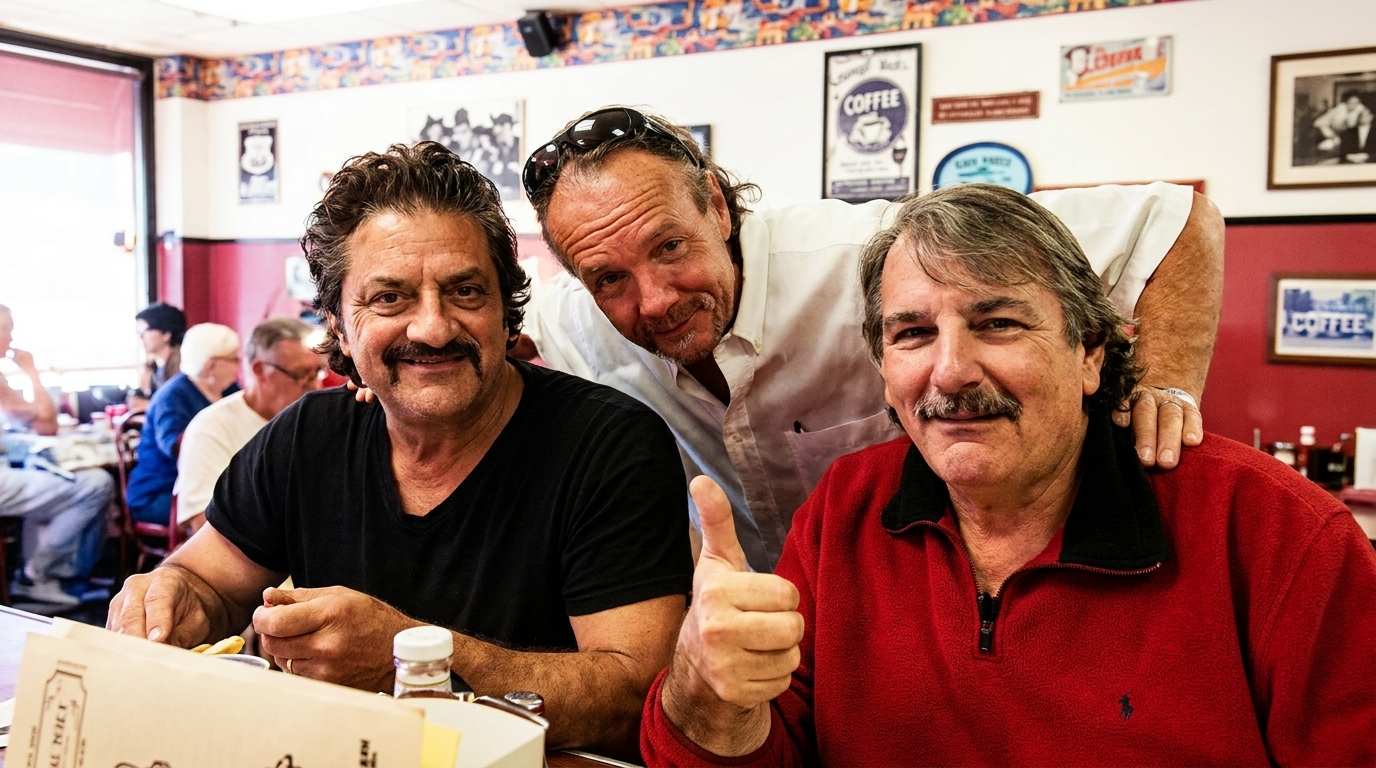 Three smiling men, two with mustaches, pose for a photo in a diner, one giving a thumbs up.