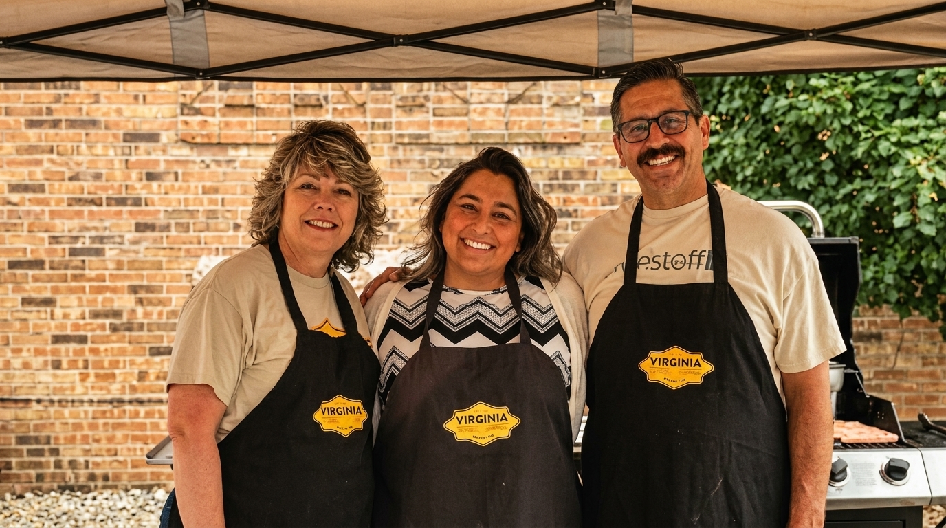 Three smiling people in black aprons with "Virginia" logos stand under a tent with a brick wall background.