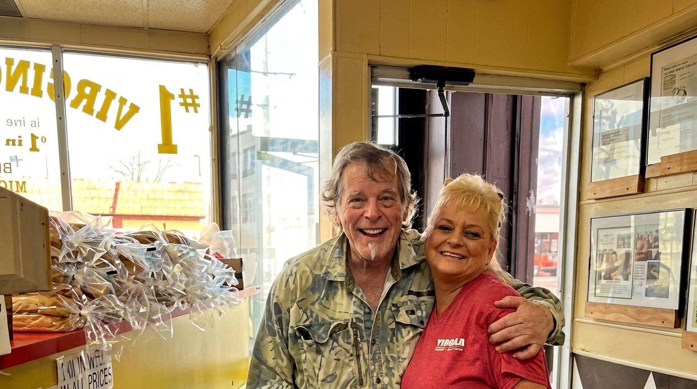 A smiling man and woman embrace inside a bakery, with bread loaves in plastic bags visible.