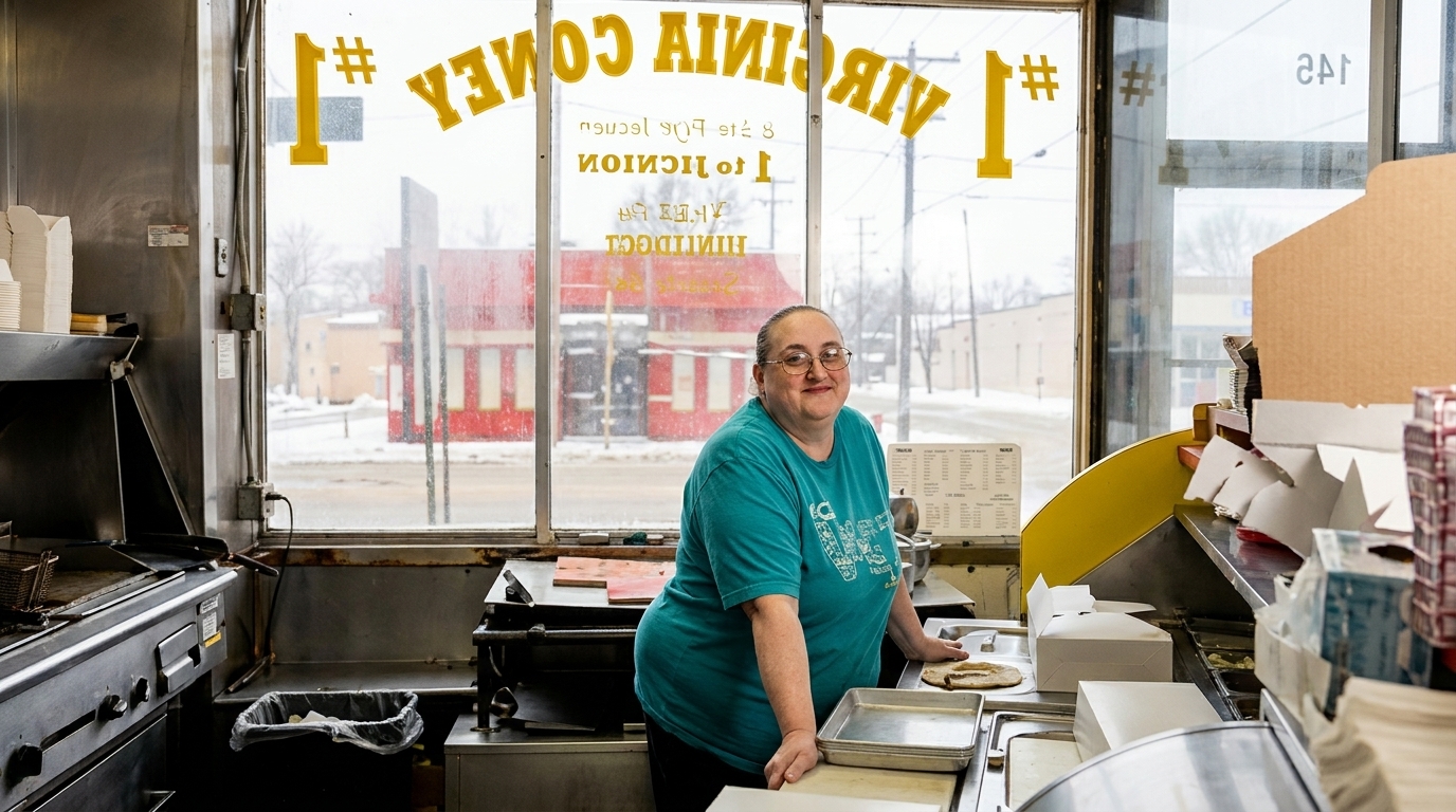 A woman in a teal shirt smiles behind a counter in a diner with a snowy street outside.