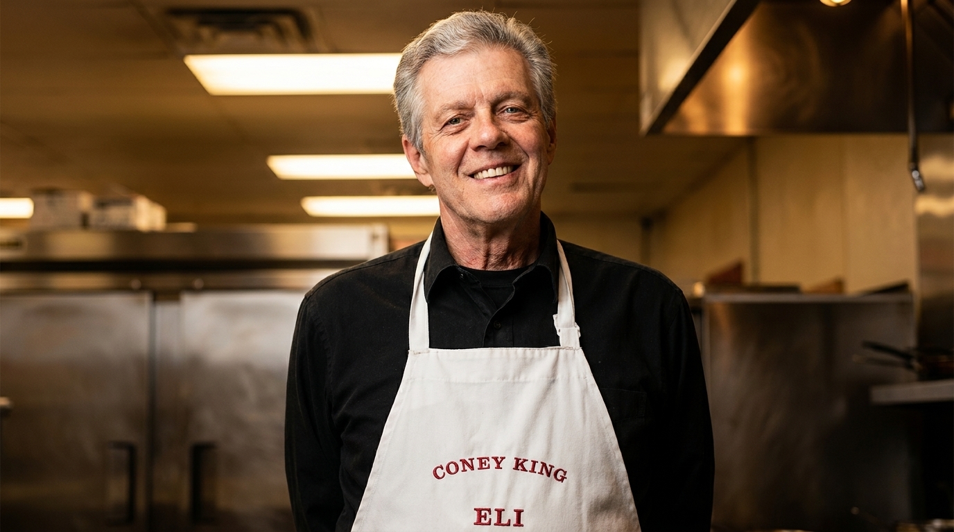 Smiling man in a Coney King Eli apron standing in a commercial kitchen.