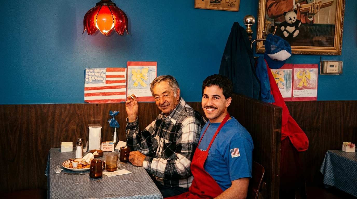 Two men, one older and one younger, smiling at a diner table with blue walls.