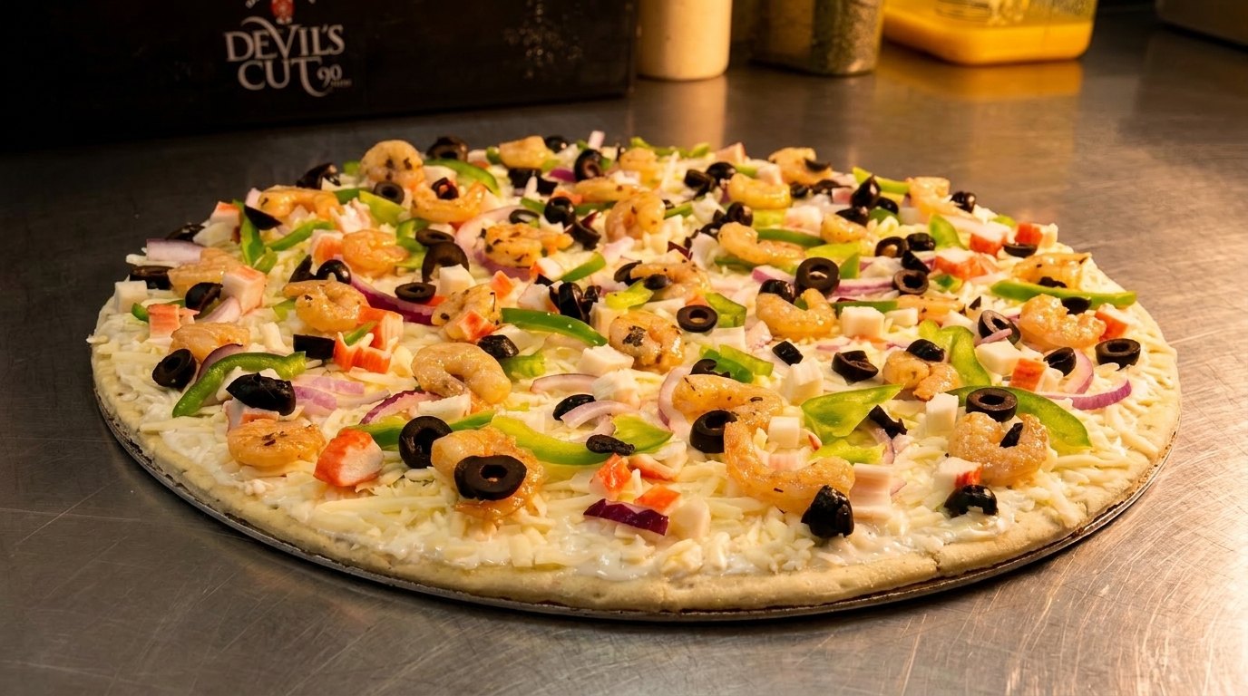 Uncooked pizza topped with shrimp, crab, black olives, green peppers, red onions, and cheese.