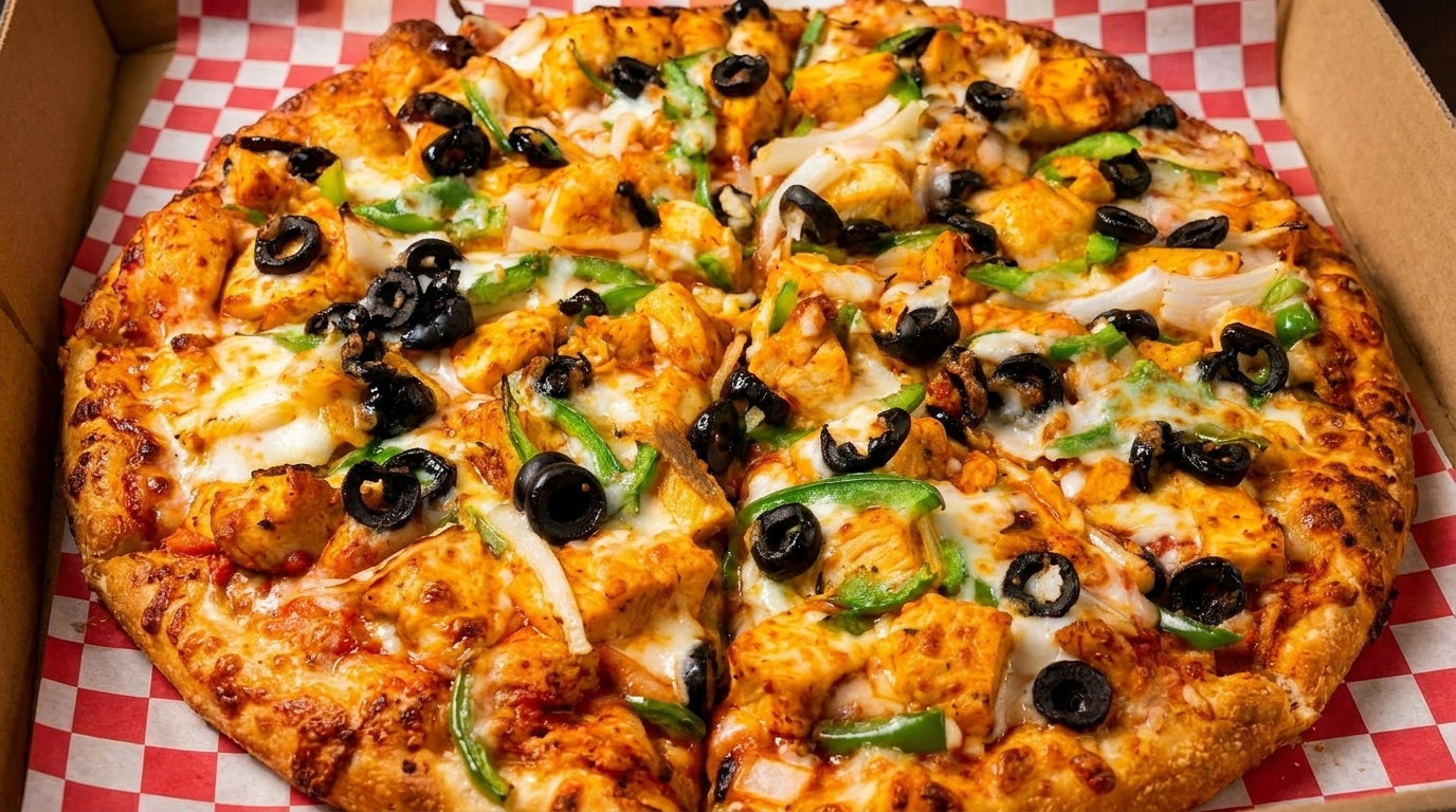 A whole pizza with chicken, black olives, green peppers, and onions in a delivery box.