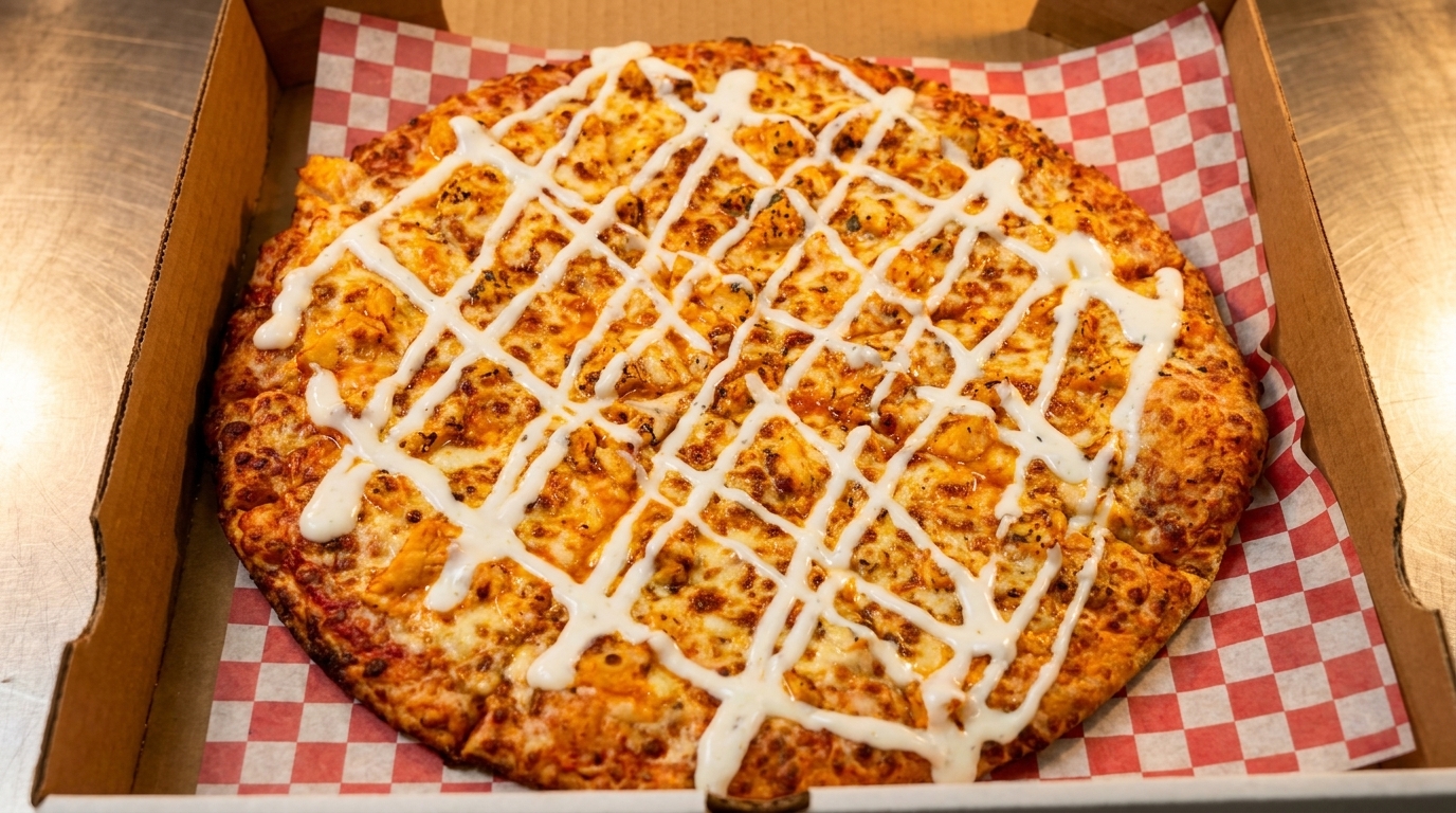 A buffalo chicken pizza with ranch drizzled on top, in a pizza box with red and white checkered paper.