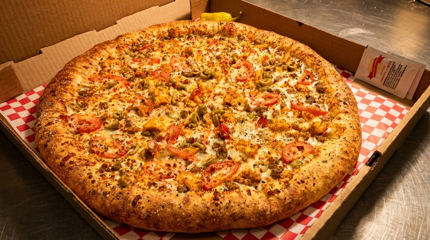 A large pizza with chicken, sausage, olives, and tomatoes in a cardboard box.