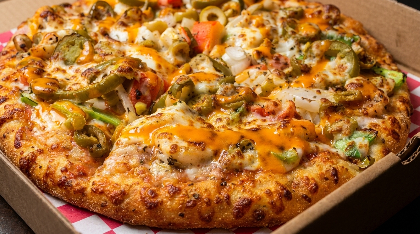 Close-up of a hot, cheesy pizza with green peppers, jalapeños, and onions in a cardboard box.