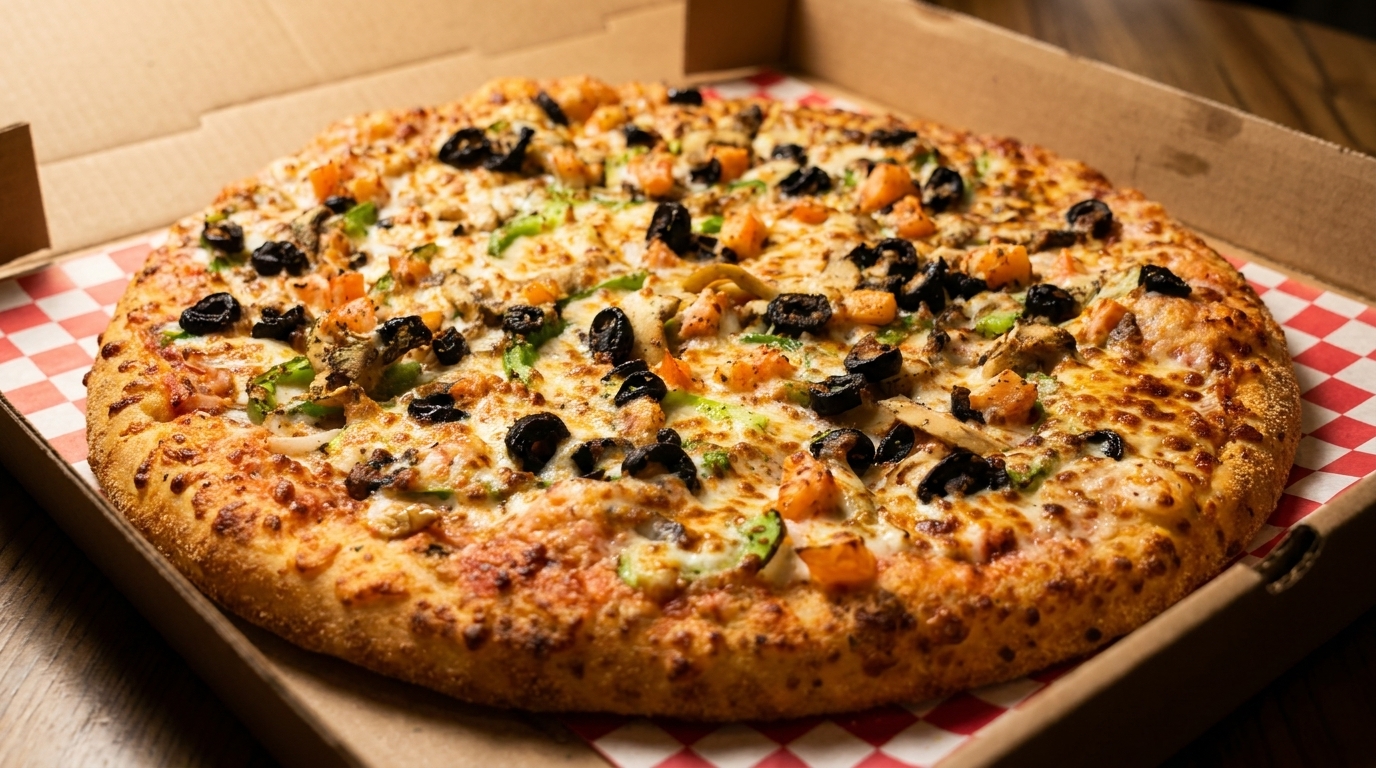 A whole pizza with black olives, green peppers, and orange toppings in a cardboard box.