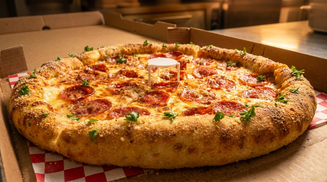 A large pepperoni pizza with a thick, cheesy crust, garnished with parsley, in a cardboard box.