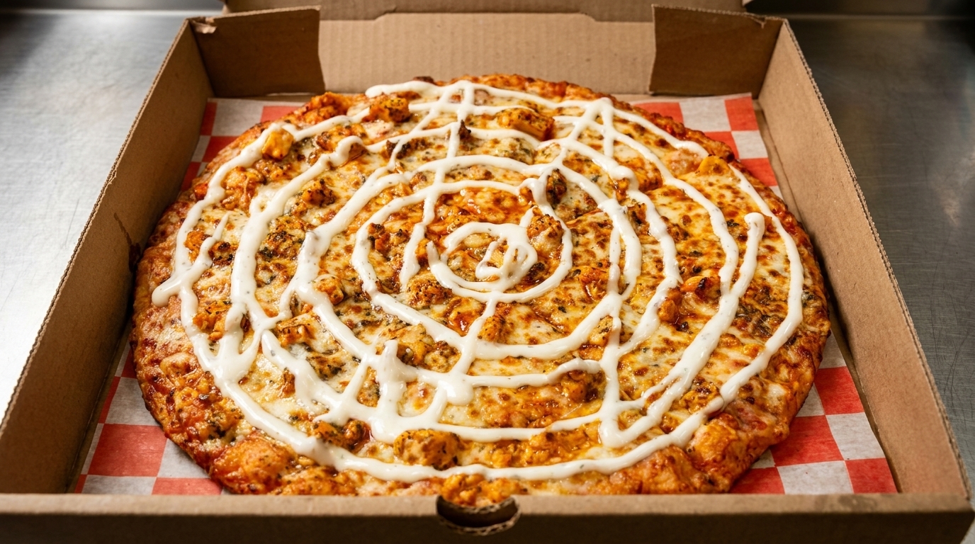 A buffalo chicken pizza with ranch dressing drizzled in a spiral pattern, in a pizza box.