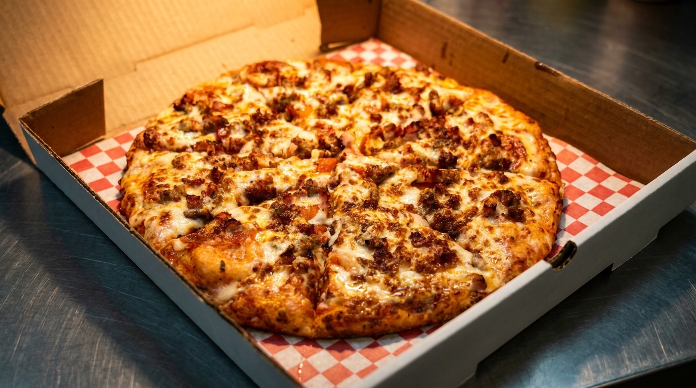 A whole pizza with meat toppings and melted cheese, sliced and in a delivery box.
