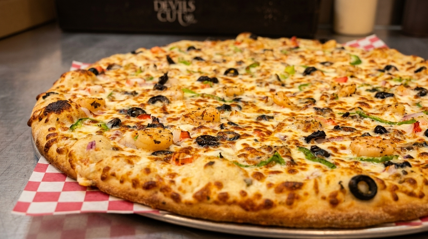 A large, freshly baked pizza with shrimp, black olives, and green peppers on a checkered paper.