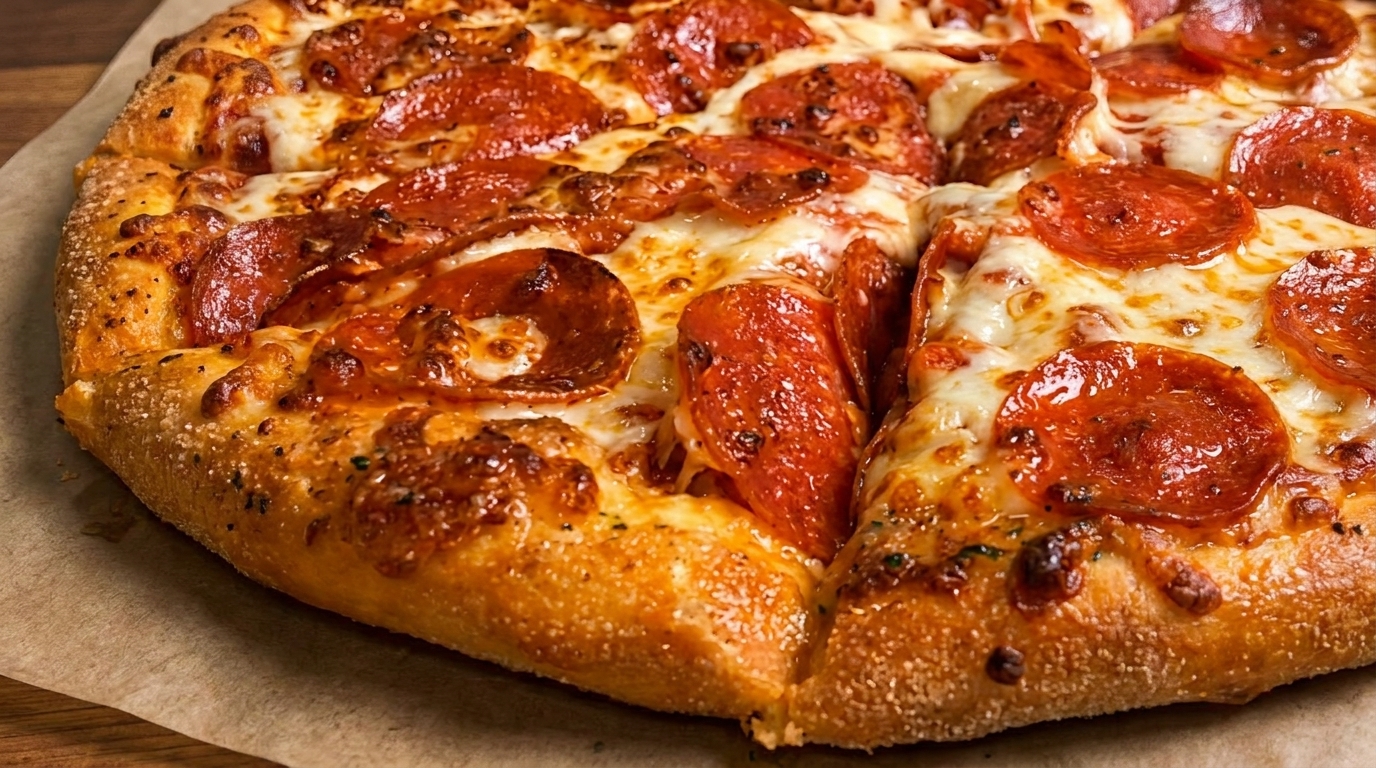 Close-up of a freshly baked pepperoni pizza with melted cheese and a golden crust.