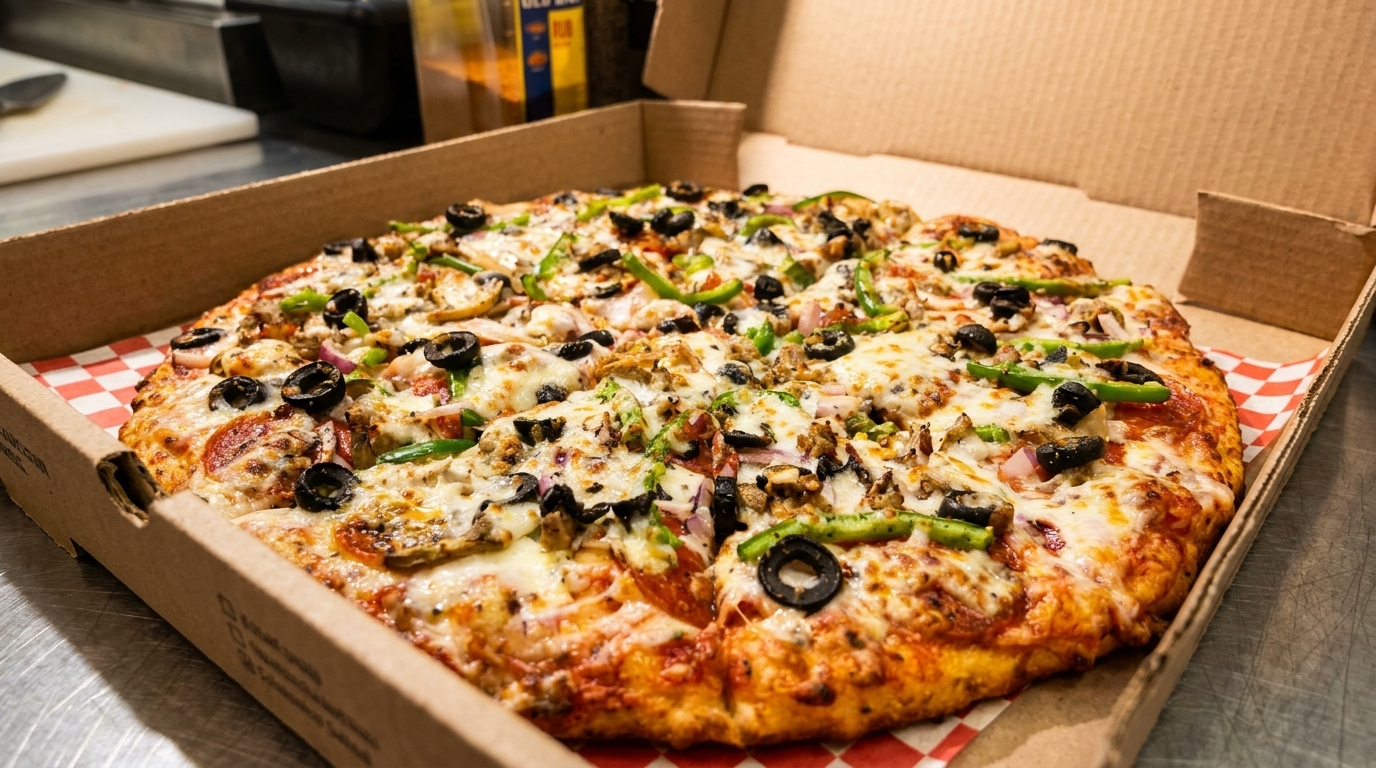 A freshly baked pizza with various toppings, including olives, peppers, and pepperoni, in a cardboard box.