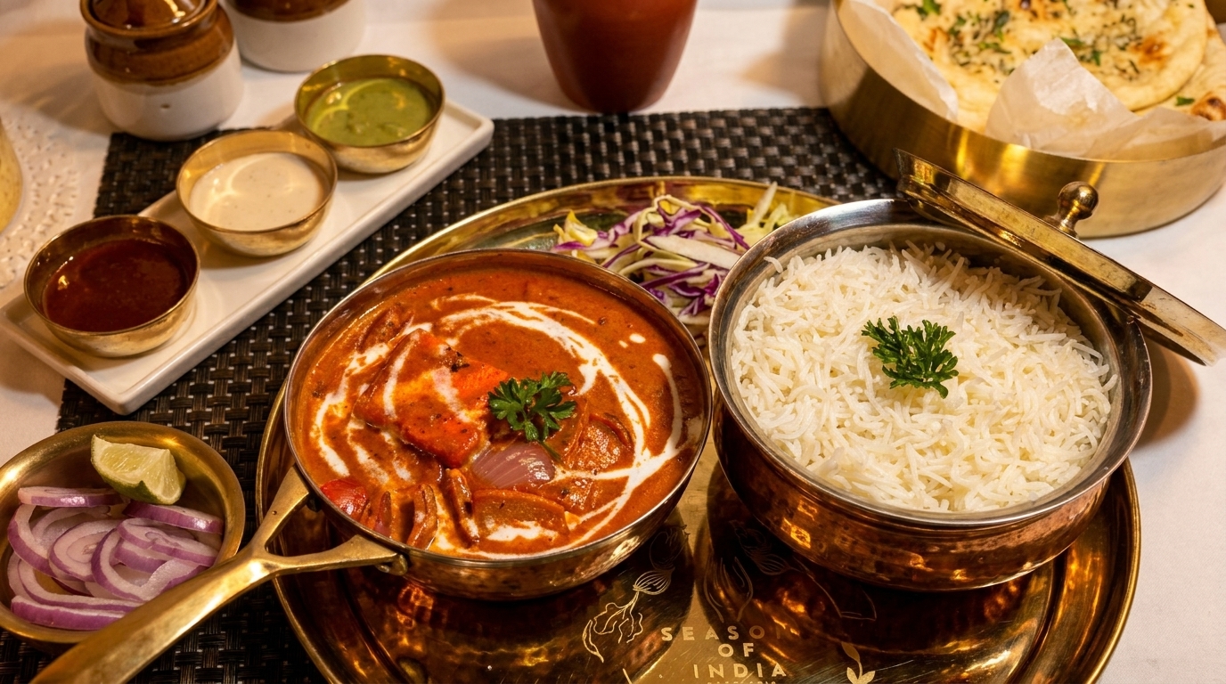 Indian meal with butter chicken, rice, naan, and various sauces on a golden tray.