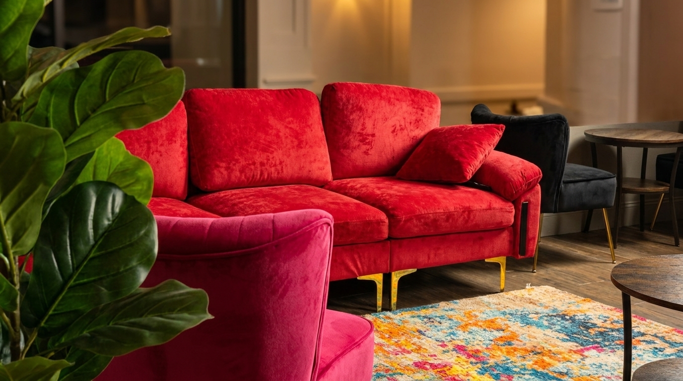 Vibrant red velvet sofa and pink armchair with a colorful rug in a cozy lounge area.