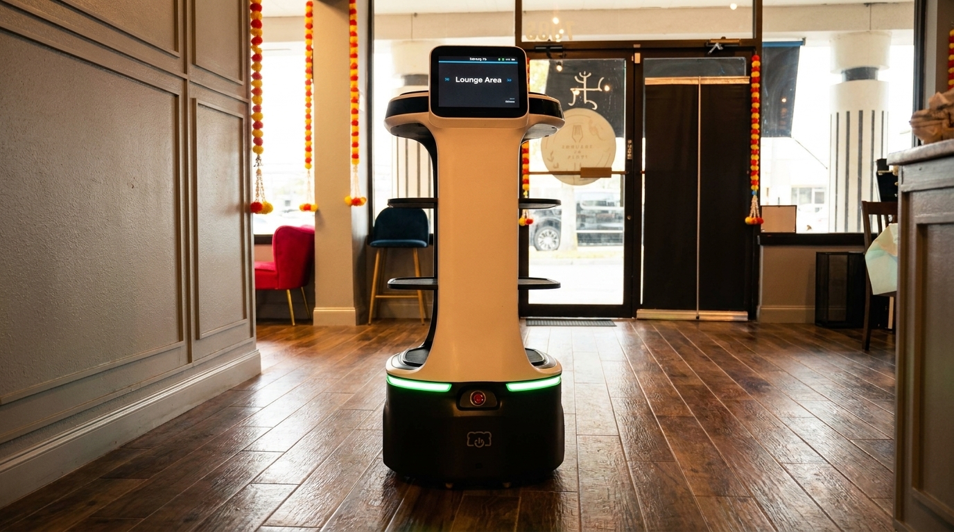 A tall, white and black service robot with a screen displaying "Lounge Area" stands on a wooden floor.