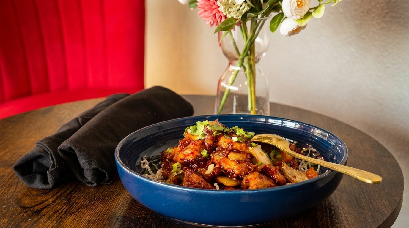 A blue bowl of General Tso's chicken with a gold spoon, black napkin, and flowers.