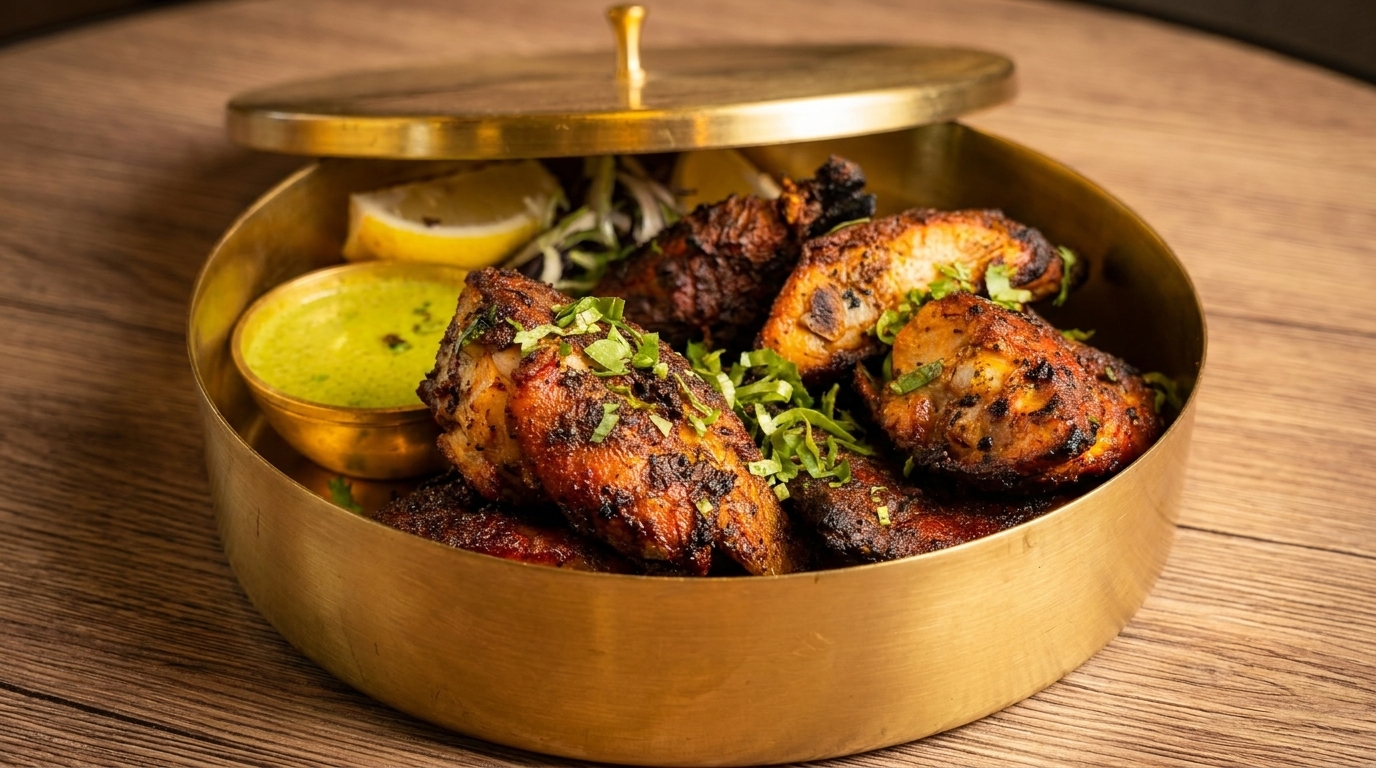 Golden bowl of grilled chicken pieces with green sauce, lemon wedges, and herbs on a wooden table.