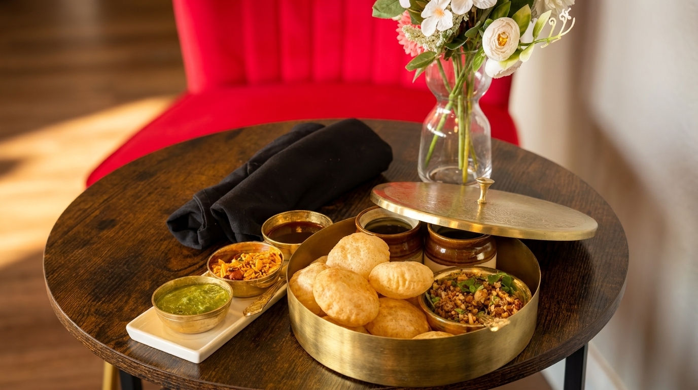 Pani Puri, a popular Indian street food, served in a brass container on a wooden table.