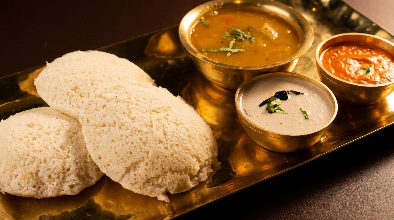 Three fluffy idlis with sambar, coconut chutney, and tomato chutney in brass bowls on a golden tray.