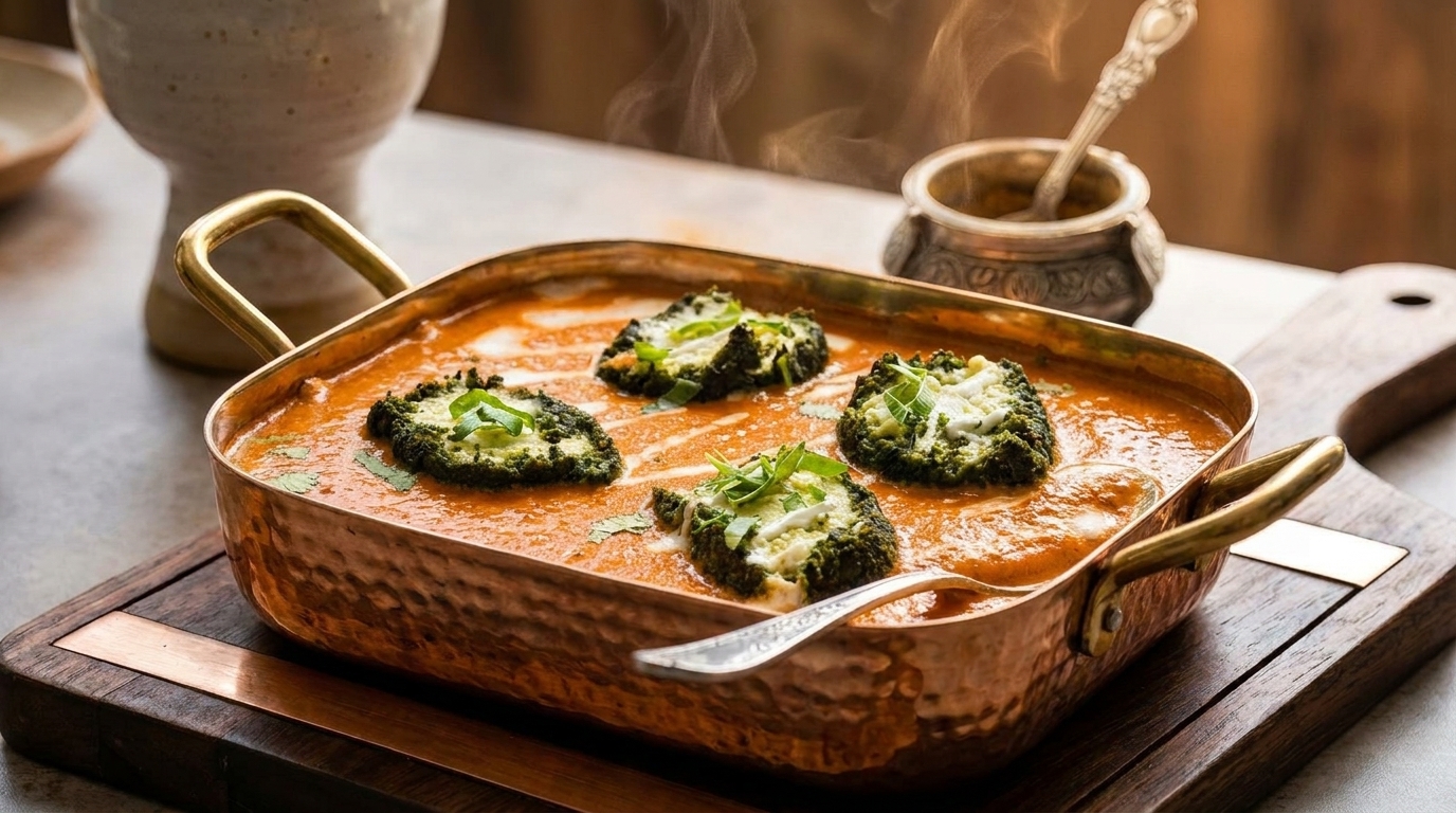 Steaming copper pan of orange curry with four green broccoli and cheese patties.