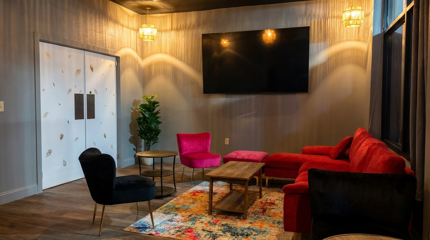 Lounge area with red and pink seating, a colorful rug, and a large TV on the wall.