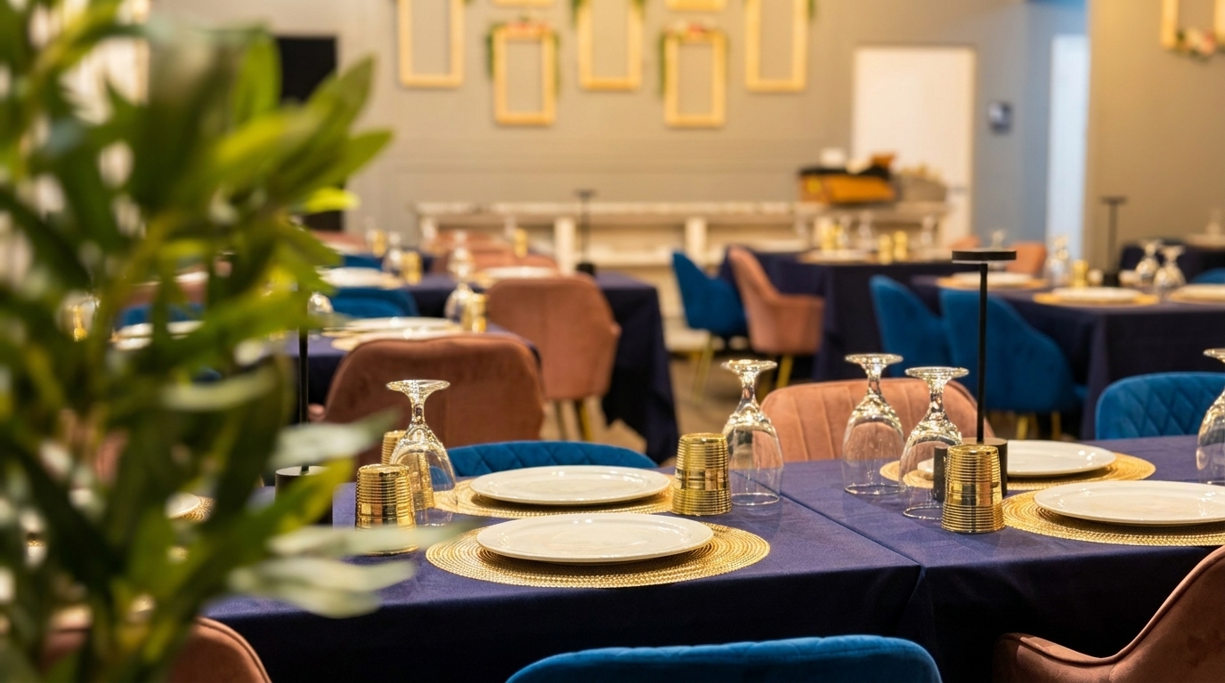 Restaurant dining room with blue and brown chairs, set tables with blue tablecloths, and gold accents.