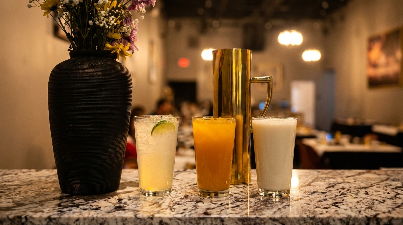 Three drinks, a gold pitcher, and a vase of flowers on a marble counter in a restaurant.