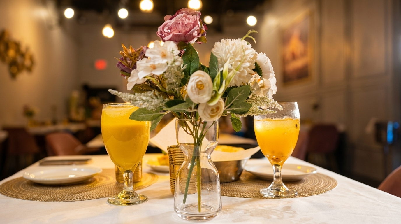 A restaurant table set with two drinks, plates, and a floral centerpiece, with a blurred background.