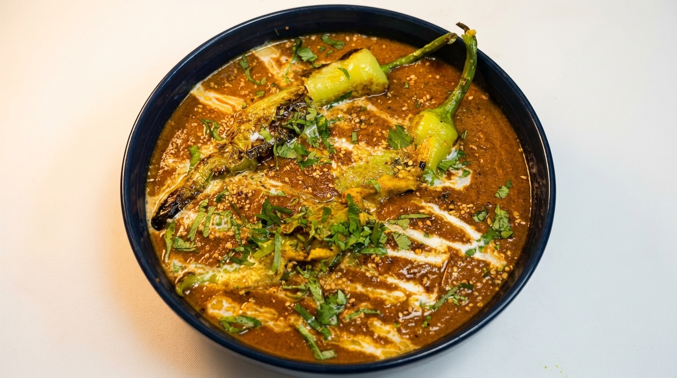 A dark blue bowl filled with a rich brown curry, garnished with green peppers, cream, and cilantro.