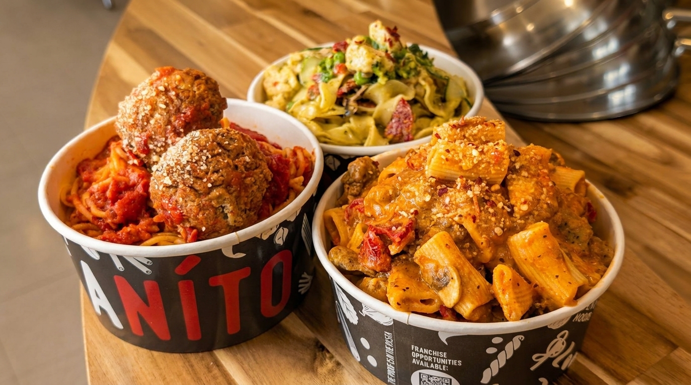 Three bowls of pasta, including spaghetti with meatballs, rigatoni, and pesto pasta, on a wooden table.