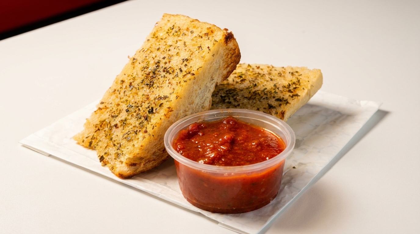 Two pieces of toasted garlic bread with herbs, served with a side of red marinara sauce.