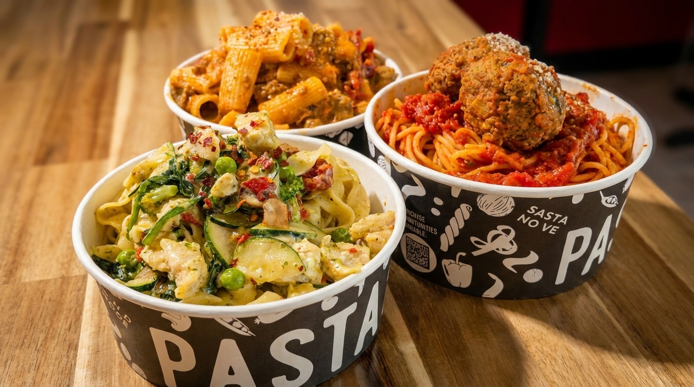 Three pasta dishes in black and white branded bowls on a wooden table.