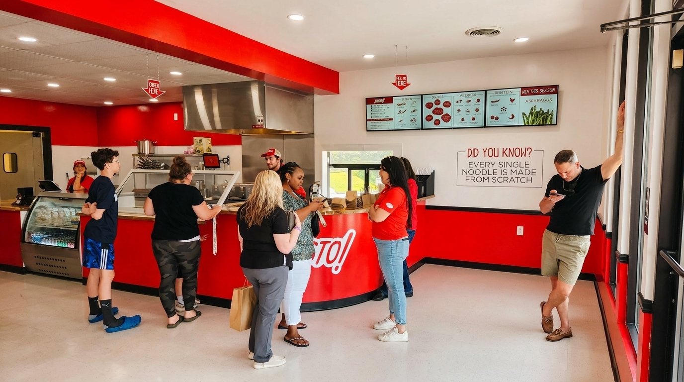 Customers order food at the counter of a modern restaurant with red and white decor.