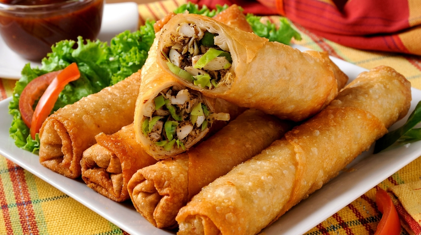 Crispy golden spring rolls, one cut open to show a savory chicken and vegetable filling, served with dipping sauce.