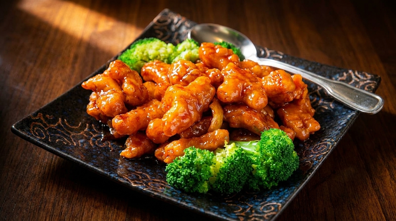Orange chicken with broccoli florets on a dark patterned plate with a spoon.