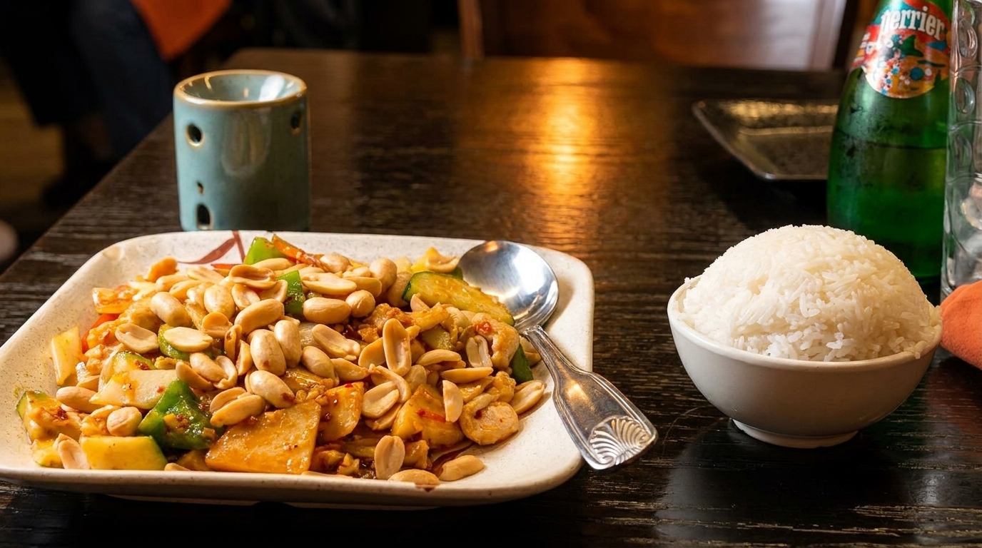 Kung Pao chicken with peanuts, bell peppers, and rice on a dark wooden table.