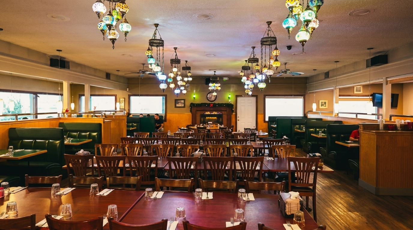 Spacious restaurant dining room with dark wood tables, green booths, and colorful hanging lamps.